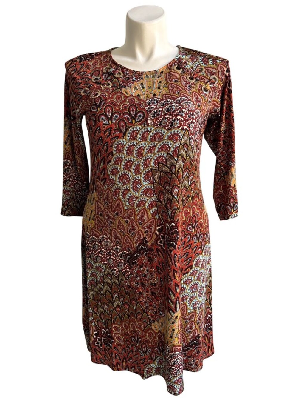 MSK Women's Jersey Knit Spice Paisley Print Shift Dress, 3/4 Sleeves Size L